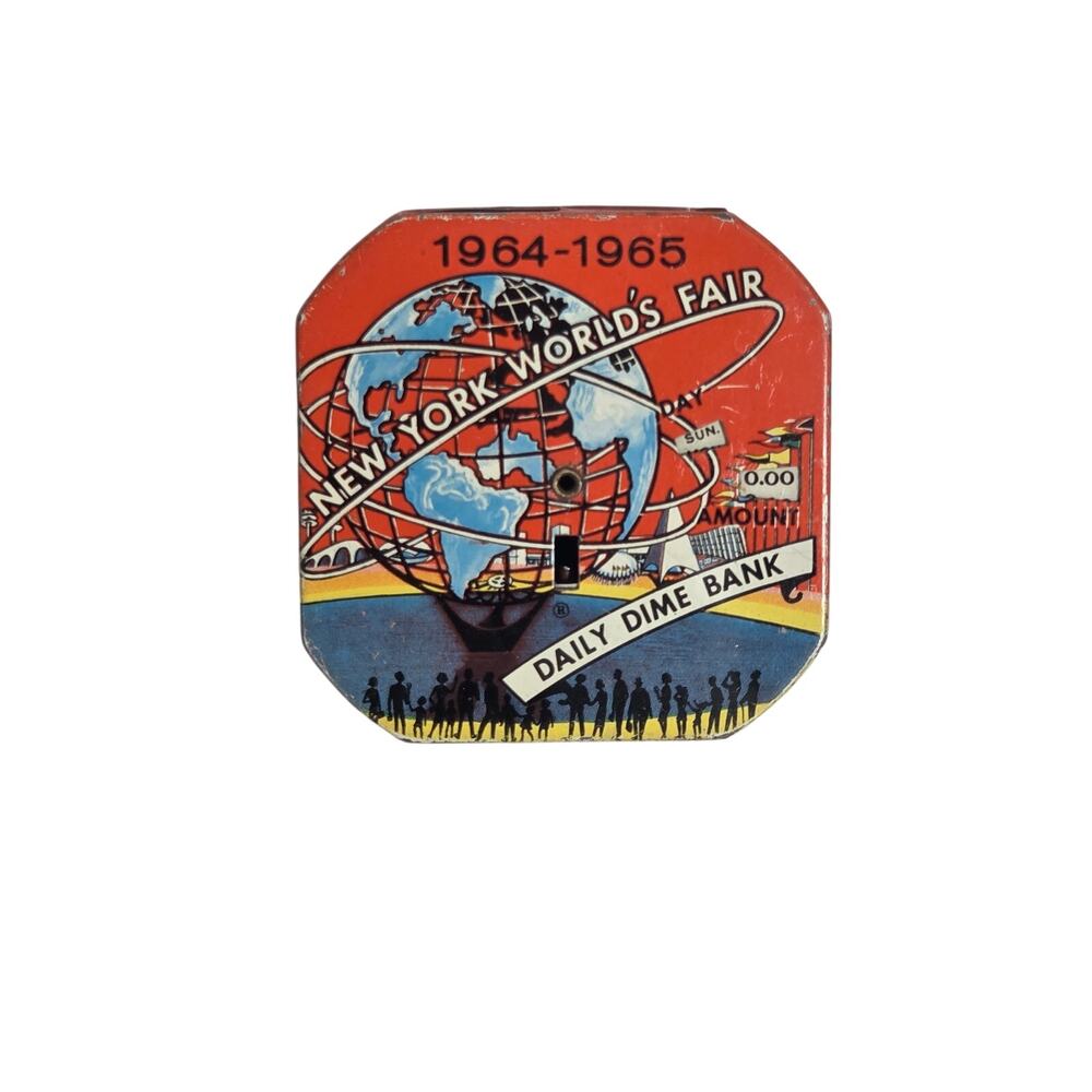 Vintage 1964 1965 New York Worlds Fair Daily Dime Bank - Unisphere Tin Coin Toy